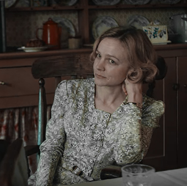 Carey Mulligan wearing a silk dress printed with Haywards design